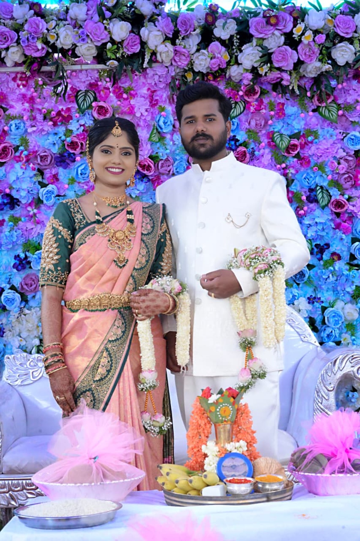 Naveen and Pavana at their engagement in traditional attire